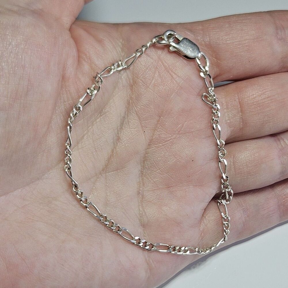 Sterling Silver Solid 925 Figaro Chain Bracelet 7.5"